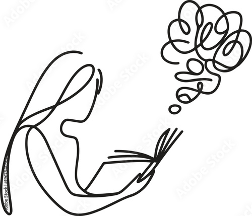 A woman is engrossed in reading a book with thoughts swirling around her head.