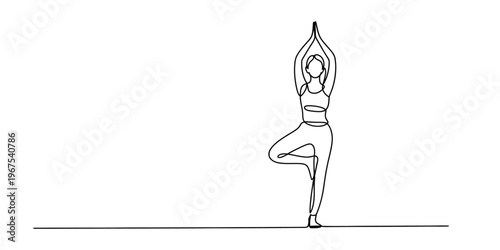 Minimalist continuous line drawing of a woman performing the tree pose in a yoga fitness practice
