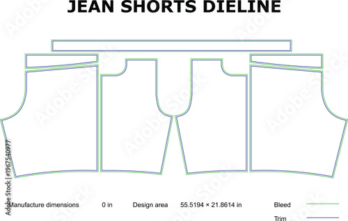 A technical drawing of a jean shorts dyeline with precise measurements and design specifications.