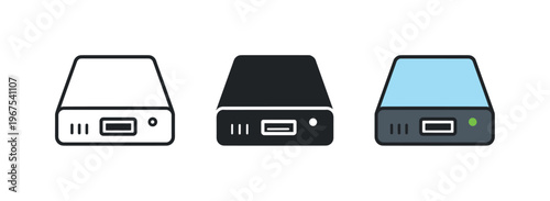 Digital preservation concept shown through identical external hard drives aligned horizontally, same rectangular casing ports and