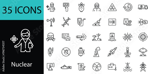 Nuclear line icons set of 35, editable stroke outline vector symbols for radiation safety, nuclear power plant, reactor, radioactive waste, nuclear medicine and research