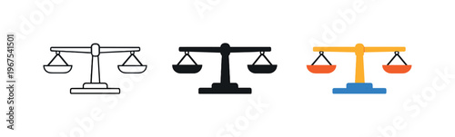 Equilibrium concept expressed by identical balance scales aligned horizontally, same arms plates and proportions evenly spaced