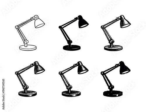 Modern desk lamp with adjustable arm and round base, intended for focused task lighting at workspaces | Create ONE image