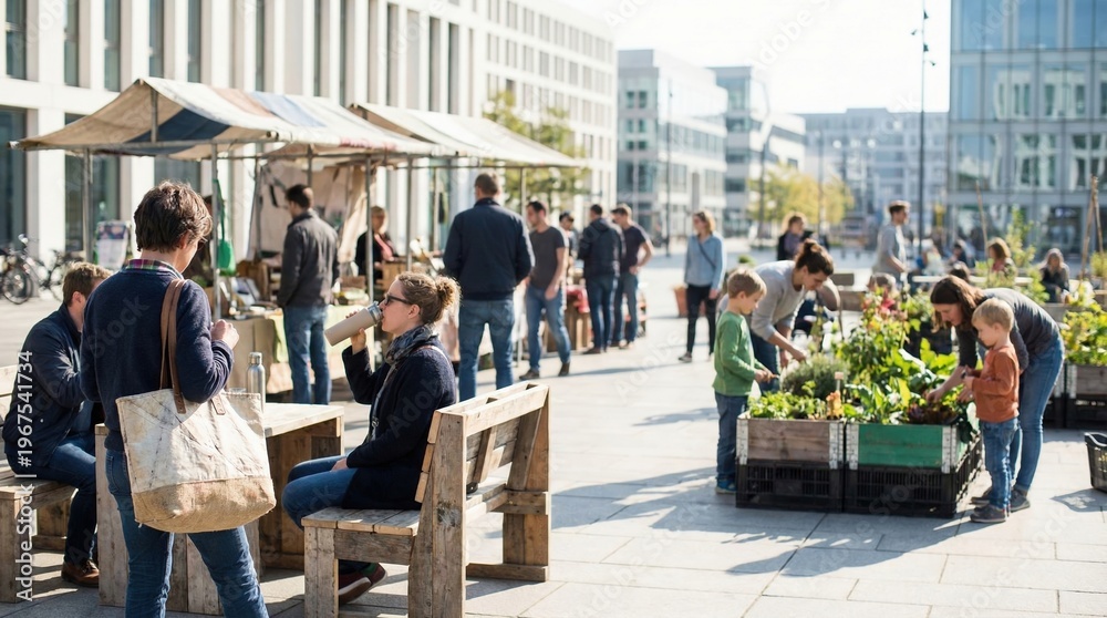 Wide Lifestyle Scene of People Using Recycled Products in Everyday Urban Settings