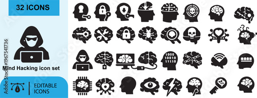 Black and white icon set featuring various symbols for business, web, people, car, and skull design in a clean vector style