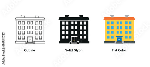 Identical Buildings Trio. Operational oversight concept shown by identical apartment buildings placed side by side, matching