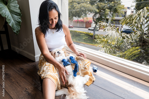 Woman putting blue protective shoes on her small dog at home