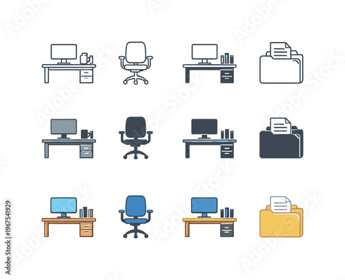Desk for shared workspace, computer monitor for team coordination, office chair for collaborative comfort, and file folder for