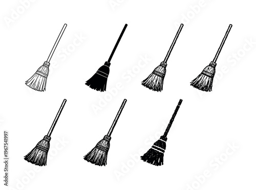 Traditional straw broom with bound bristles and straight wooden handle, designed for cleaning indoor and outdoor surfaces |