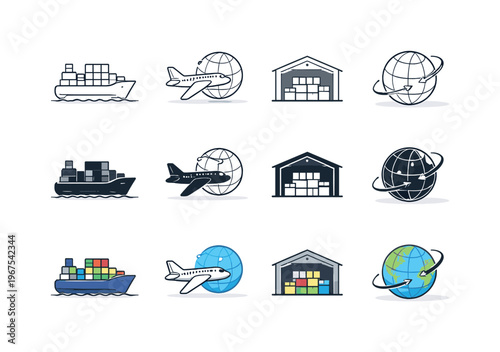 International Trade Icons. Container ship for overseas transport, cargo airplane for global delivery, warehouse for storage