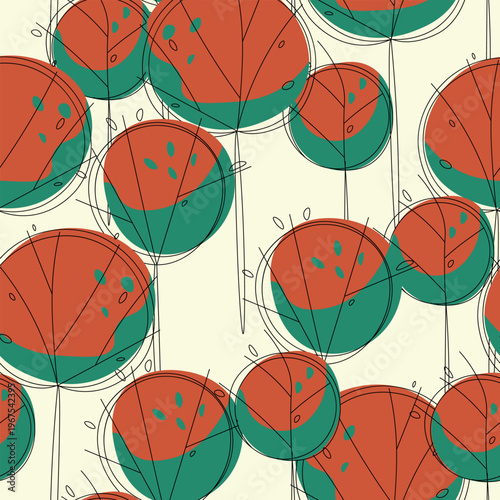 Seamless pattern with trees, plants. Color vector background. Spring, autumn tree for your design. Eco idea concept. Print design for wallpapers, fabric, textile.