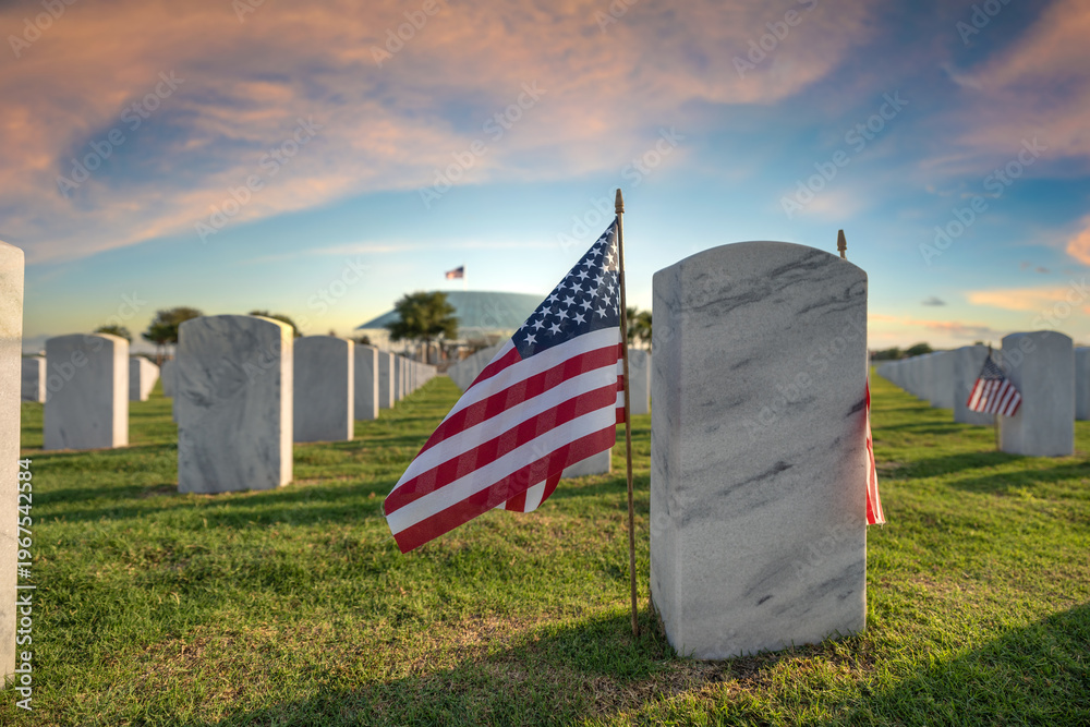 Naklejka premium American army Sarasota National Cemetery with rows of white tombstones and USA flag on green grass. Memorial Day concept