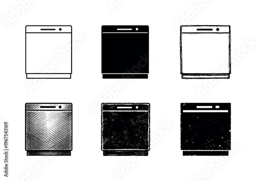 Appliance Art Variations. Modern dishwashing appliance with large door and minimal control interface, intended for kitchen