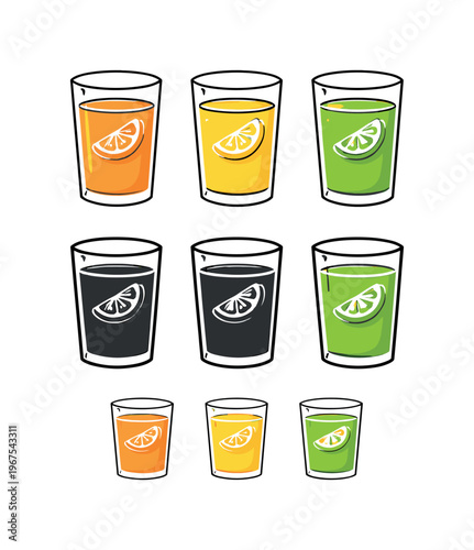 Nutritional freshness concept portrayed by matching juice tumblers placed side by side, same cylindrical shape and rim height