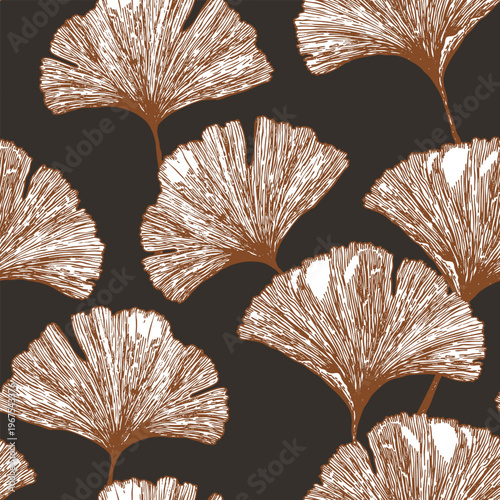 Seamless floral pattern with ginkgo biloba leaves. Art flowers on color background. Decorative sceleton leaf. Vector hand drawn illustration. Minimal linear style.