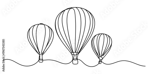 Continuous single line drawing of three hot air balloons floating in the sky in a minimalist style