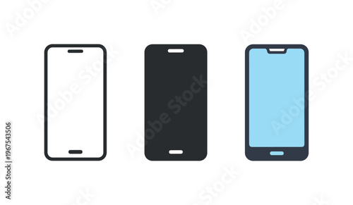 Daily communication concept shown by identical smartphones aligned horizontally, same rectangular screens and rounded corners