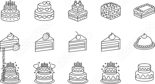 Cake and dessert icons set featuring birthday wedding pastry slices line vector illustration minimal outline design collection sweet bakery concept pack