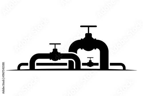 Industrial pipes with valves icon. Black silhouette. Front and side view. Vector simple flat graphic illustration. Isolated object on a white background.