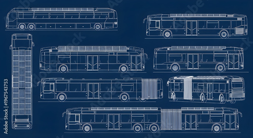 Solar Long Bus AutoCAD Blueprint Vector – Public Transport Vehicle Multi View Technical Drawing White Outline on Dark Blue
