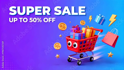 3D vector poster with a vibrant purple-to-blue gradient background, featuring a red anthropomorphic shopping cart with expressive eyes, and bold Super Sale 50% text.
