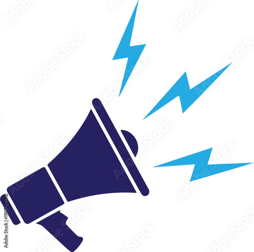 A blue megaphone with lightning bolts coming out