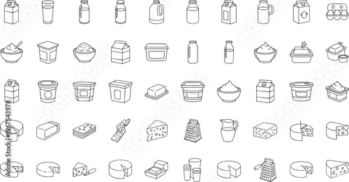 Dairy products icons set featuring milk cheese yogurt butter food line vector illustration minimal outline design collection grocery nutrition concept pack