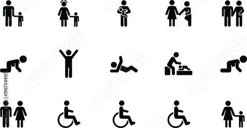 Family and human activity icons set featuring people parenting childcare disability symbols solid vector illustration collection isolated glyph design social lifestyle concept