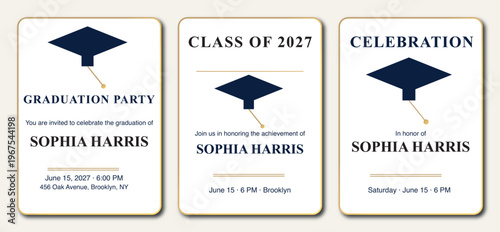 Elegant graduation party invitation set, Class of 2027 celebration cards with mortarboard icons, navy blue and gold academic announcement vector