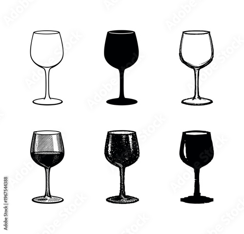 Wine Glass Variations. Modern stemmed wine glass with smooth contour and clear empty interior, intended for table setting | Create