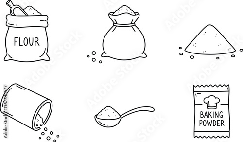 Flour and baking ingredients icons set featuring sack powder spoon kitchen supplies line vector illustration minimal outline cooking baking concept collection