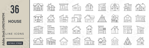 Residential real estate and architecture outline icon set for mortgage, property development, urban planning and floorplan design. Editable stroke vector building illustration set