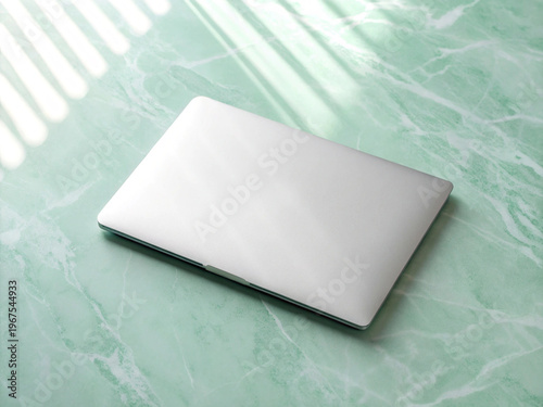 Silver Laptop Flat Lay on Marble Mint Green Surface with Botanical Shadow Overlay