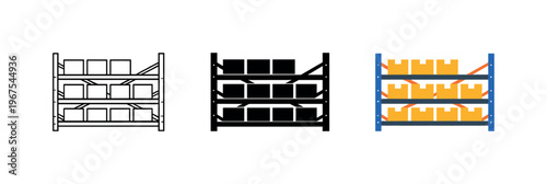 Warehouse Shelves Trio. Inventory control concept shown by identical warehouse shelves aligned horizontally, same rack frames and