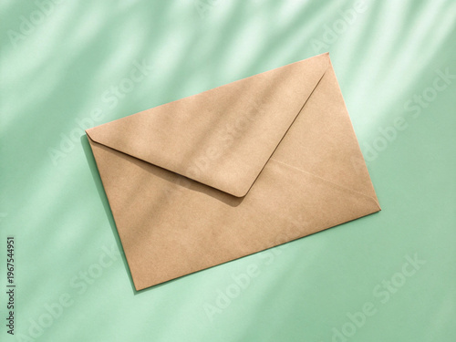 Kraft Paper Envelope Flat Lay on Mint Green Background with Soft Natural Shadow