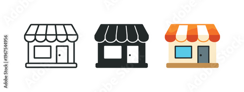 Commerce enablement concept expressed by identical storefront icons aligned horizontally, same awnings windows and door