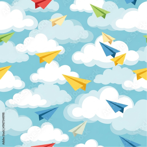 Colorful Paper Planes Flying Among Clouds.