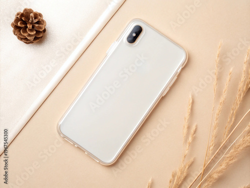 White Smartphone Flat Lay Mockup on Beige Background with Dried Natural Grass