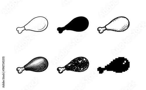 Stylized Chicken Drumsticks. Baked chicken drumstick with smooth curved meat and small exposed bone, prepared as a hearty main