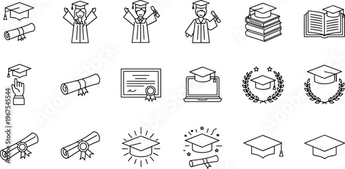 Graduation and education icons set featuring diploma cap student achievement symbols line vector illustration minimal outline design collection academic success concept pack
