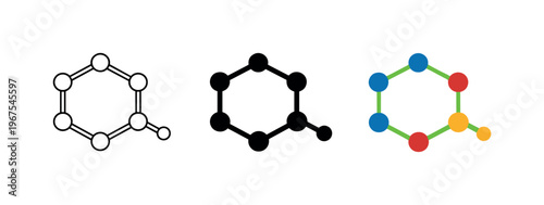 Scientific advancement concept displayed as matching hexagonal molecule symbols positioned left to right, same nodes and bonds