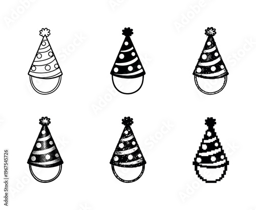 Party Hats Variants. Colorful celebration party hat with pointed top and elastic strap, worn for holidays and special occasions |