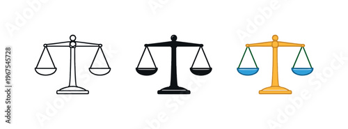 Judgment clarity represented by identical balance scales aligned horizontally, same beam length and pan curvature evenly spaced
