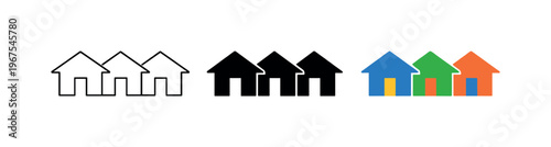Smart lifestyle concept illustrated by identical connected house symbols aligned horizontally, same roof angles and doorway