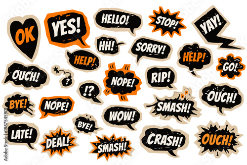 Comic speech bubble collection with 25 expressive text icons. Pop art explosion clouds and dialogue stickers in black and orange. Comic book sound effects and chat balloons for graphic design.