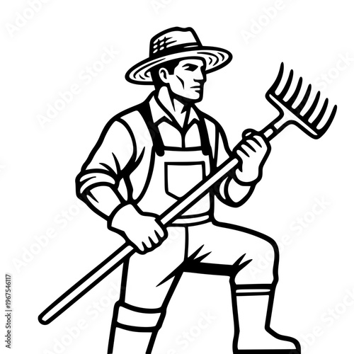 farmer with pitchfork vector illustration black and white