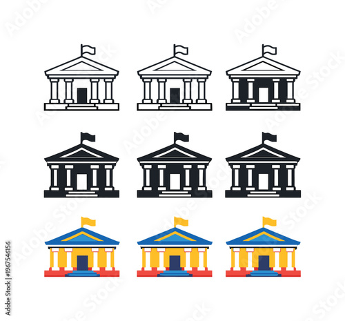 Organized operations outcome represented with identical municipal buildings displayed horizontally, same façade columns and