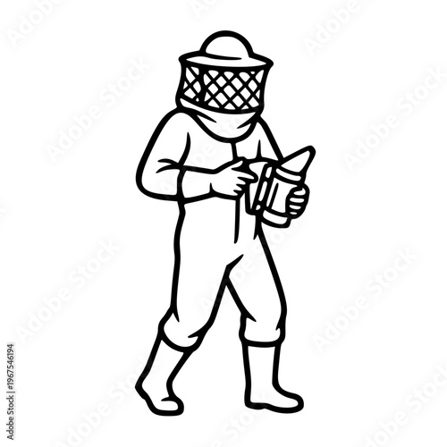 beekeeper in protective suit with smoker vector illustration black and white 