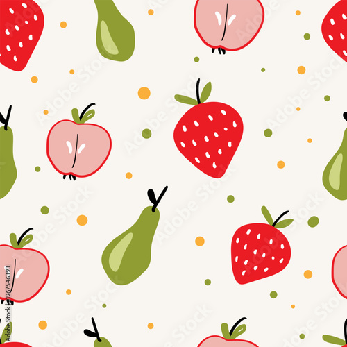 Seamless vector pattern with strawberries, pears and apples. Flat style decorative background for textile and print design.