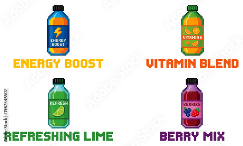 A colorful illustration of four bottles of energy drinks with labels Energy Boost, Vitamin Blend, Refreshing Lime, and Berry Mix on a white background.